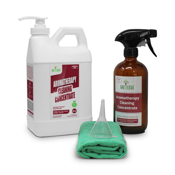 Naeterra Aromatherapy Cleaning Concentrate - 64oz makes up to 24 gallons of all purpose household cleaner plus empty 16 oz glass spray bottle & microfiber towel